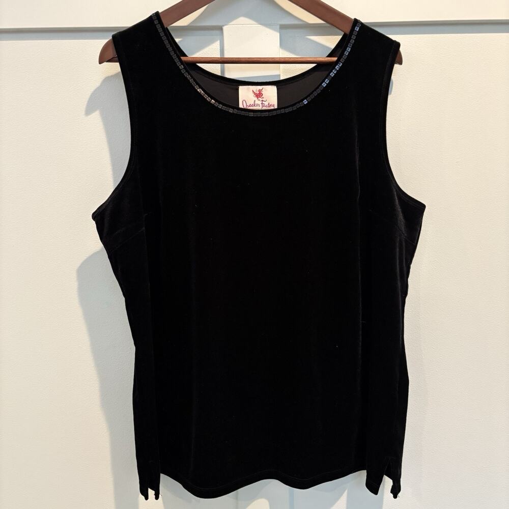 Black Velvet Tank Top XL Stretch Sequin Trim Quacker Factory Side Vents Dressy - Picture 3 of 11